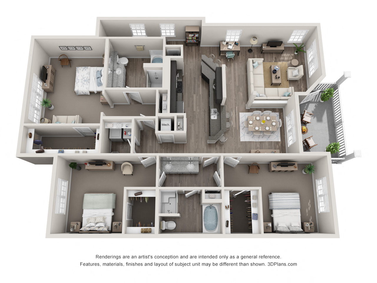 Floor plan for 3 beds, 2 baths, 2055 sqft